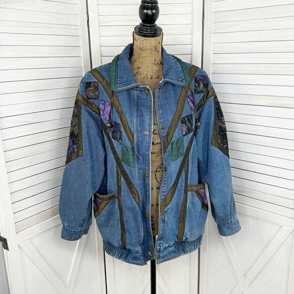 Current Seen Vintage 80s Patchwork Denim Coat Blue Medium Full Zip - Picture 1 of 16